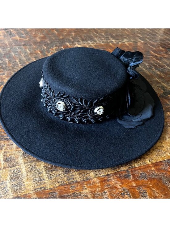 Wool Felt Wide Brim Hat Lace Band & Crystals Floral Accent main image 6